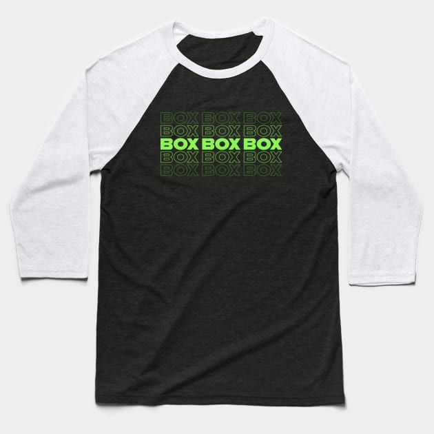 Box Box Box F1 Faded Green Text Design Baseball T-Shirt by DavidSpeedDesign